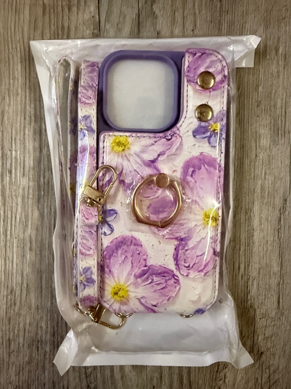 Purple Floral Phone Case with Ring Grip and Strap